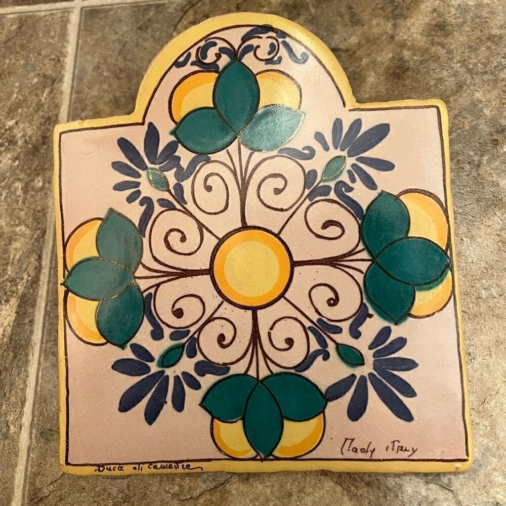 Italy Pottery Trivet Lemon Pier 1 Wall Hang Green Leaf Blue Flower Scrolls